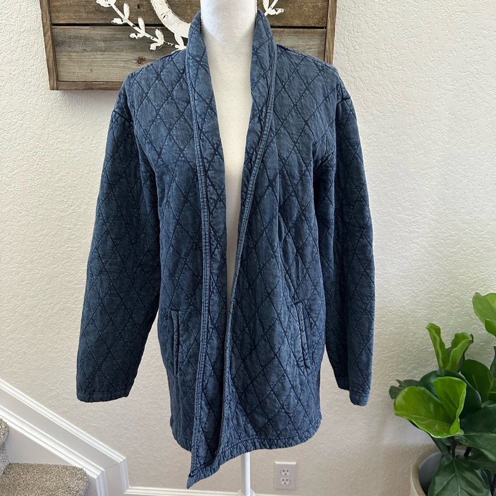 Lucky Brand blue quilted cotton open‎ front cardigan ladies L NWT